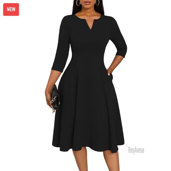 Midi A-Line Fit Flare Dress 3/4 Sleeve V Neck with Pockets -  threedaughtersproperties.com